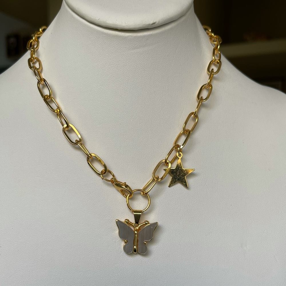 Taupe crystal butterfly & star charm paperclip gold tone necklace - Picture 1 of 8